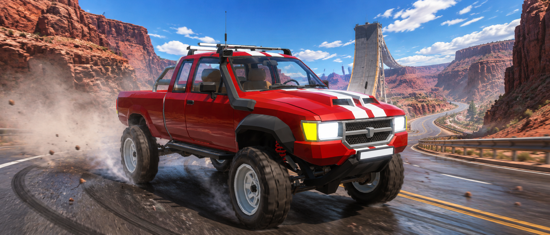 Red off-road pickup drifting through a desert canyon