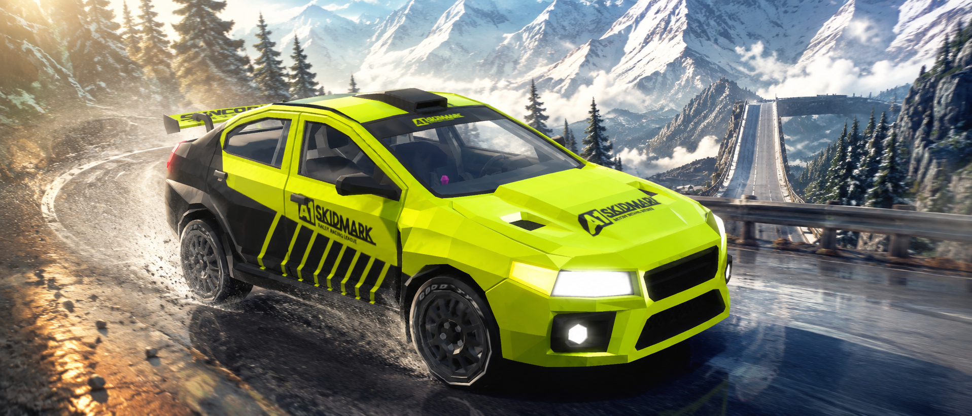 Yellow rally car on a mountain road below snowy peaks