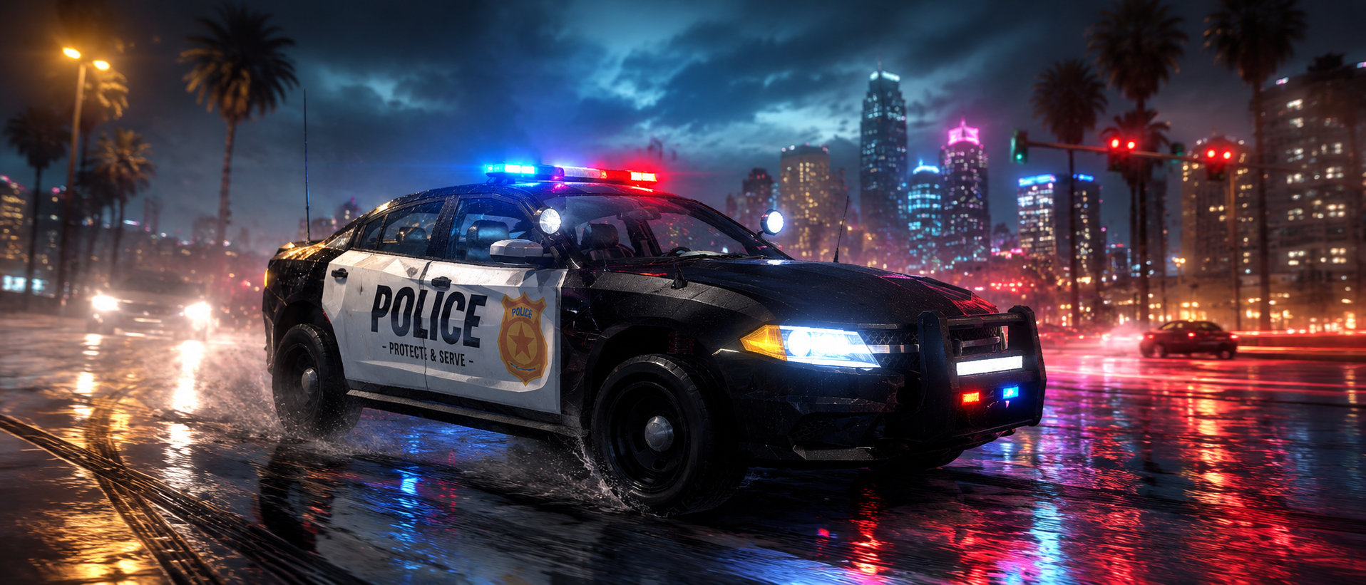 Police car on a rain-soaked city street at night