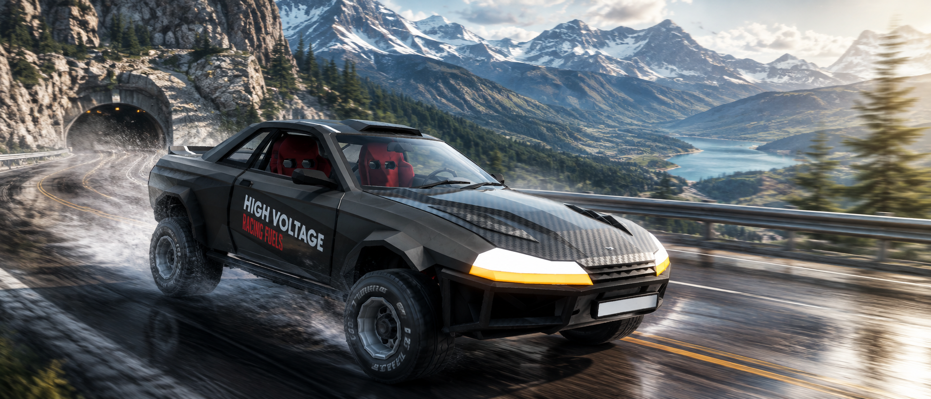 DriveCrashX off-road car on a mountain road